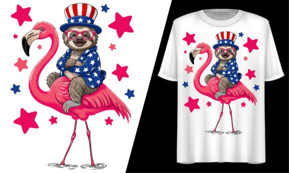 Sloth Riding Flamingo 4th of July Stars Graphics